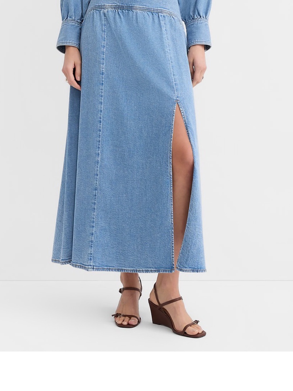 LOFT Light Blue Denim Midi Skirt with Side Slit-Yoke Full denim in Light Indigo